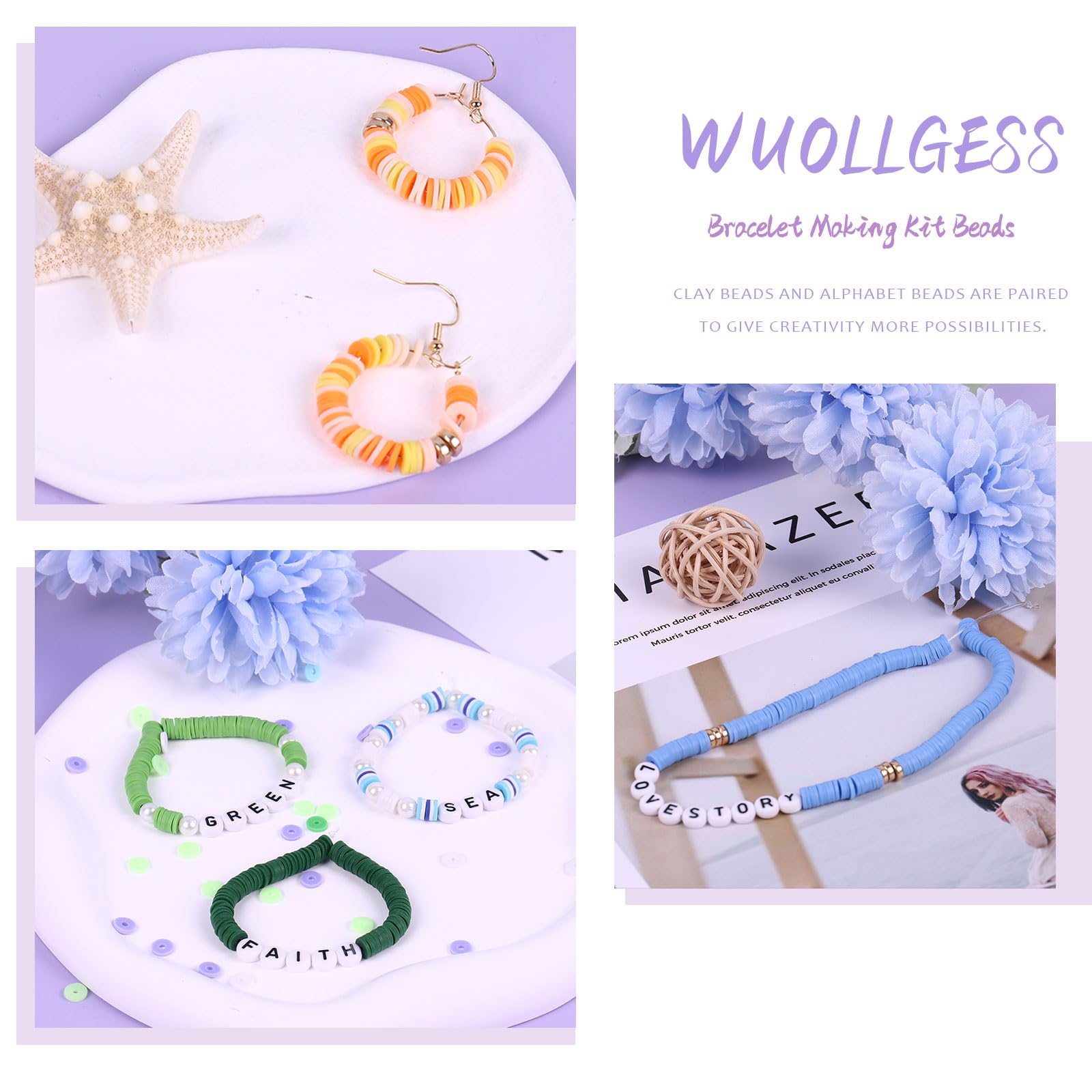 Wuollgess 6000 PCS Clay Beads Bracelet Making Kit with A to Z Alphabet Letter Beads, Friendship Bracelet Kit, Earrings Necklace Craft Jewelry Making Kit for Adults