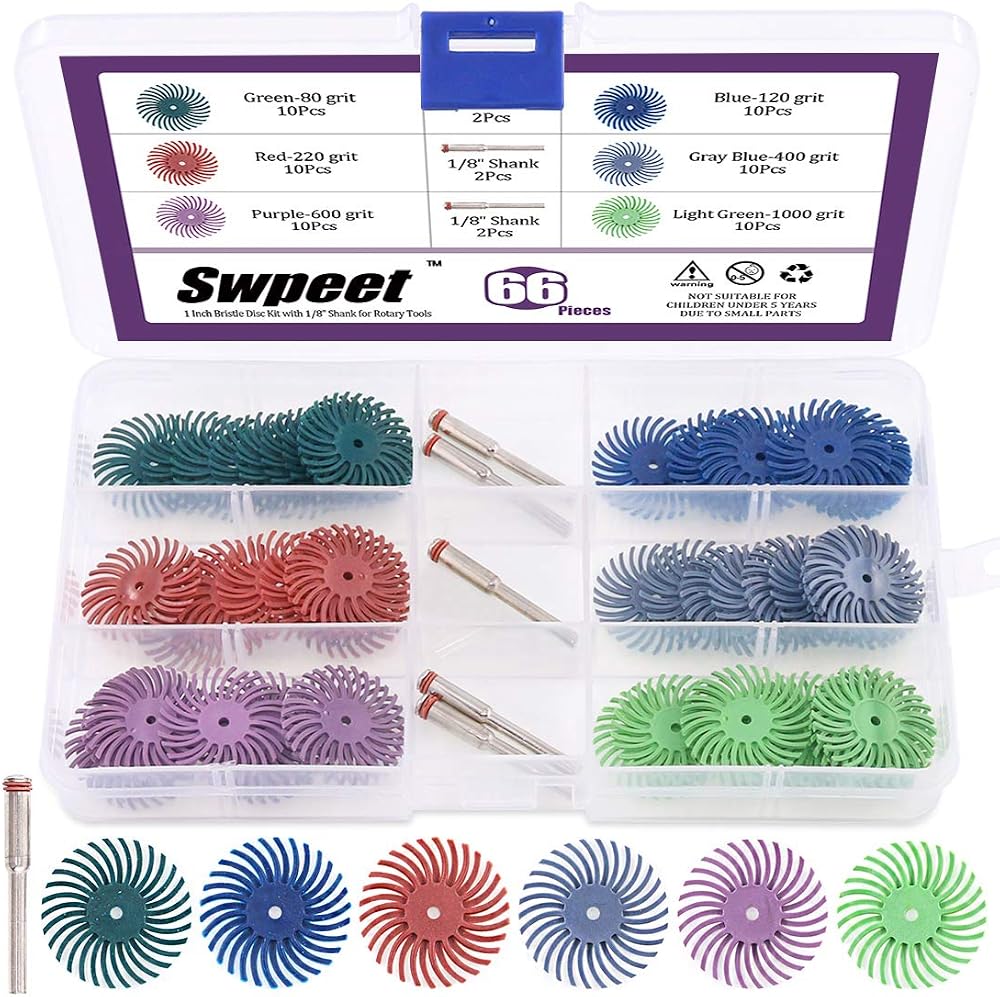 Swpeet 66Pcs 1 Inch Mixed Grit Bristle Disc Abrasive Pad Kit 1/8 Shank