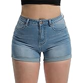 Romastory Women's High Waisted Summer Elastic Jean Shorts Folded Hem Hot Denim Shorts for Women