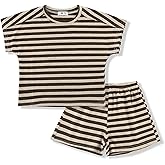 AngelBabies Girls 2 Piece Outfits Summer Girls Striped Batwing Sleeve Top and Short Sets 2-10Y