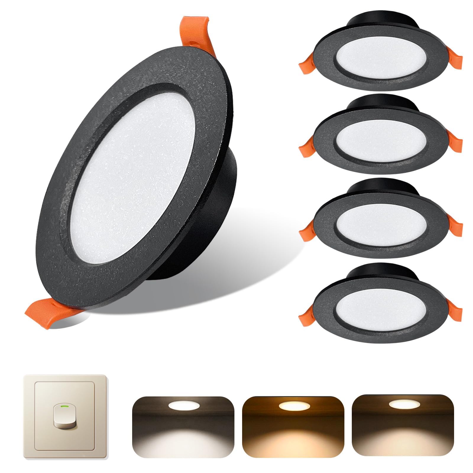 Sweier Ultra Slim 7W LED Recessed Ceiling Lights, 3 Adjustable Colors (/6000K/3000K/4000K) 600LM IP44, Wall Switch Adjustable,Black Downlight for Bathroom/Kitchen, Cutout 90-105mm — image 1