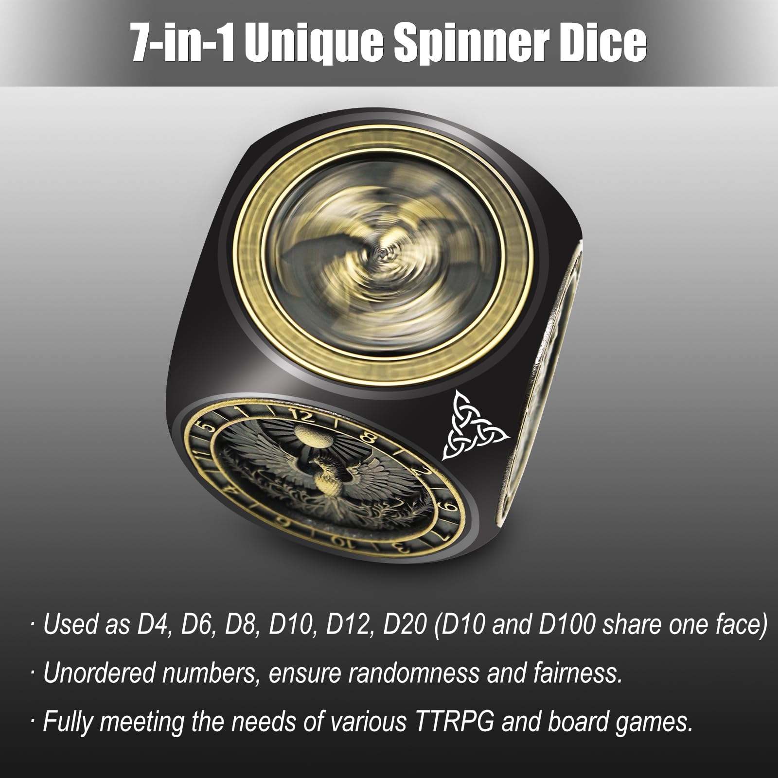 DND Spinner Dice, 7 in 1 Unique Metal Dice Set with 3D Relief for Dungeons and Dragons Gifts, Cool Polyhedral Role Playing Game Dice, Fantasy D&D Tabletop RPG Accessories for DM & Player (Black)