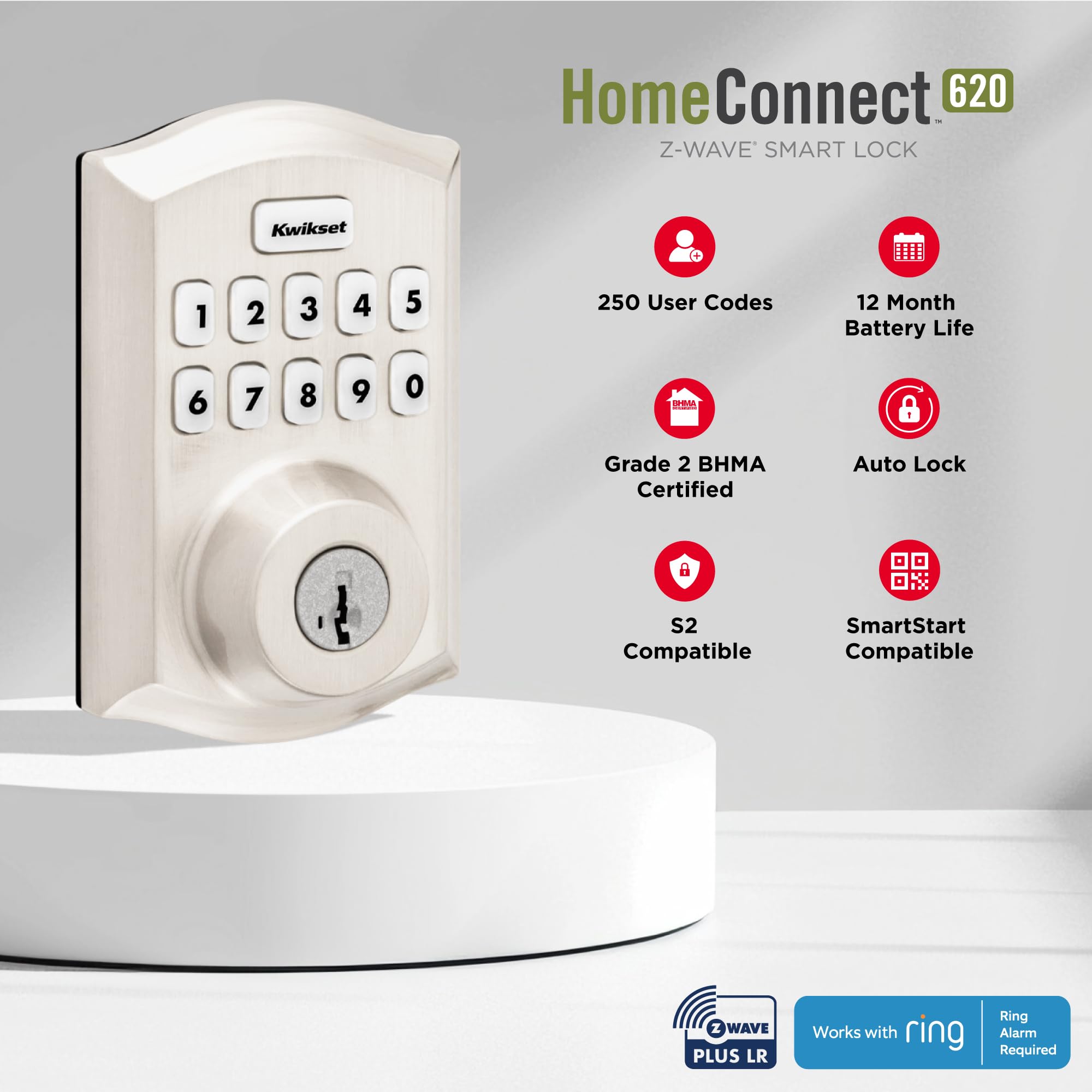 Kwikset HomeConnect 620 Z-Wave Long Range Enabled Keypad Smart Lock Convenient Keyless Entry, Customizable User Codes, Ring Alarm Compatible, Hub Required, Sold Separately Satin Nickel Traditional