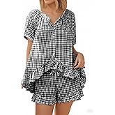 codcm Womens 2 Piece Ruffle Pajama Set Gingham Pjs Short Sleeve Babydoll Shirt and Shorts Plaid Summer Outfits