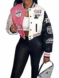 COZYPOIN Women's Varsity Jacket Print Cropped Color