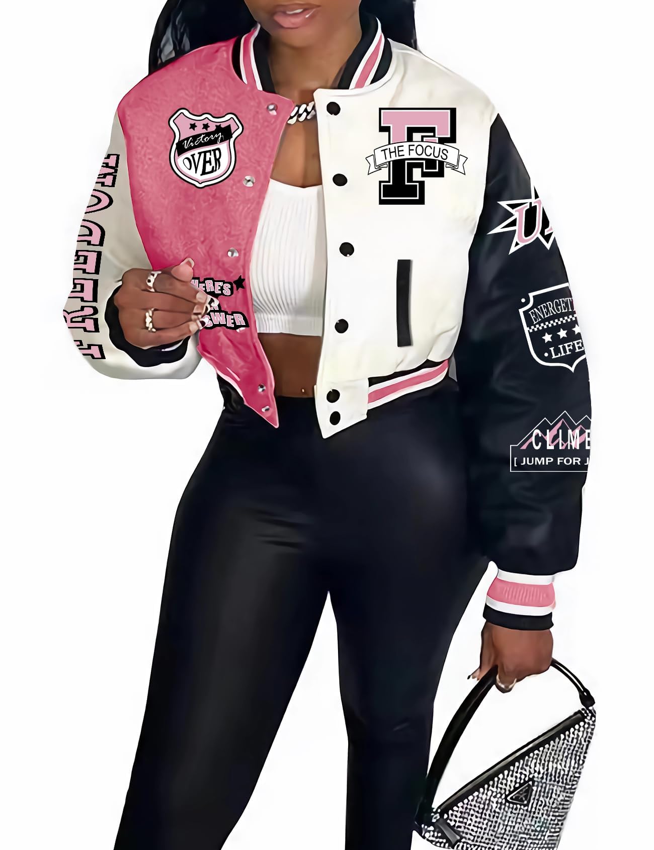 COZYPOIN Women's Varsity Jacket Print Cropped Color
