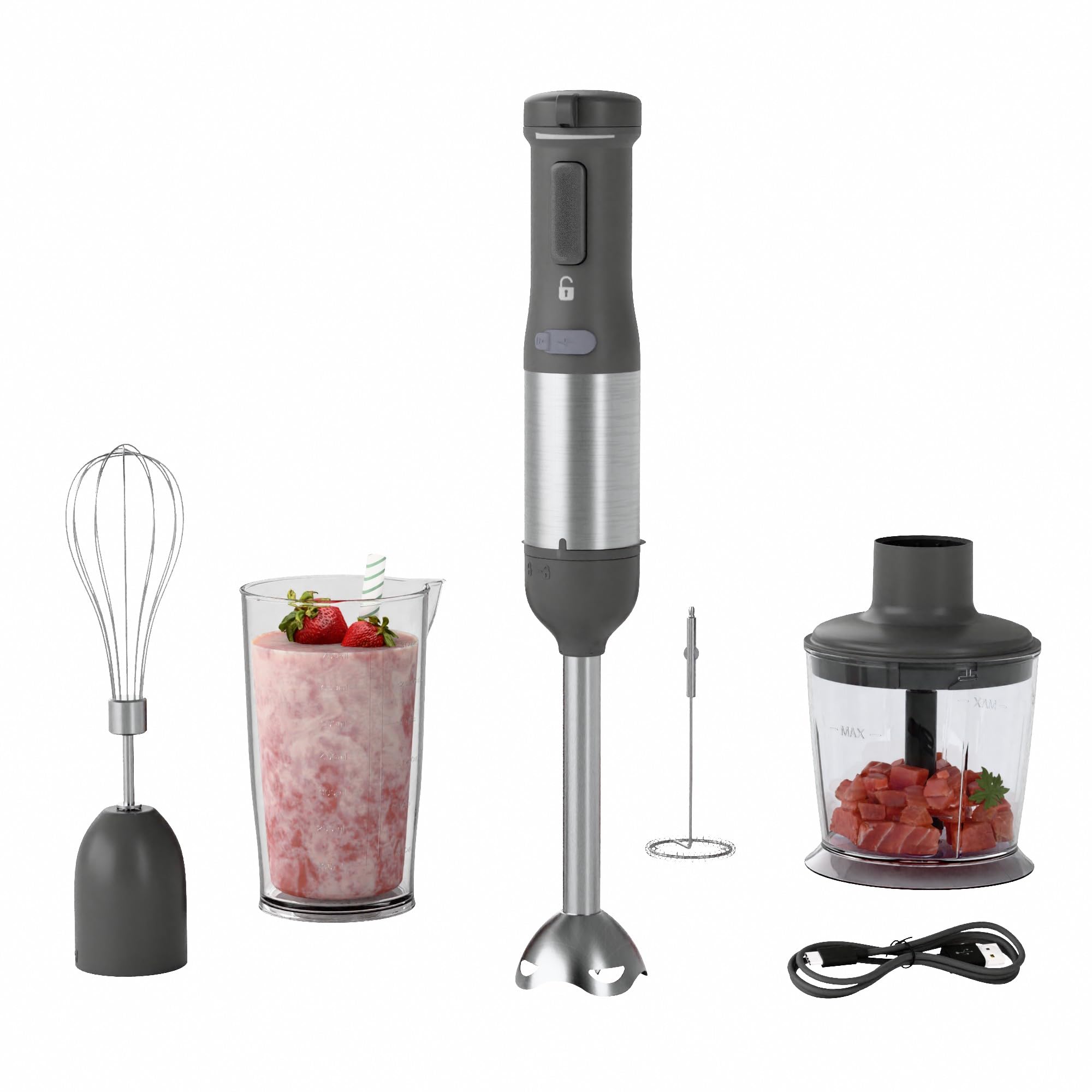 Photo 1 of WHUTO Cordless Immersion Hand Blender, 5-in-1 Variable Speed blender handheld,Rechargeable with 2000mAh Battery, BPA-Free & Dishwasher-Safe Accessories:700ml Beaker,Chopper,Whisk & Milk Frother,Grey