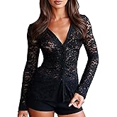 OZICERD Sheer Mesh Lace See Through Blouses for Women Long Sleeve Shirt Collared V Neck Sexy Fitted Button Down Open Front