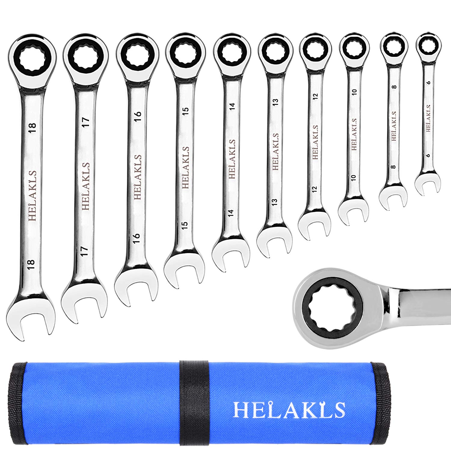 HELAKLS 10-Piece Ratcheting Wrench Set (6-18 MM) Metric Chrome Vanadium Steel Combination Ended Gear Spanner Tool Kits With Carrying Bag