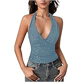 SOLY HUX Women's Halter Tops Glitter Sparkly V Neck Wrap Ruched Backless Sleeveless Crop Tank Top Party Clubwear