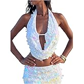 SweatyRocks Women's Sequin Y2K Top Draped Deep V Neck Backless Sparkle Party Rave Halter Tops