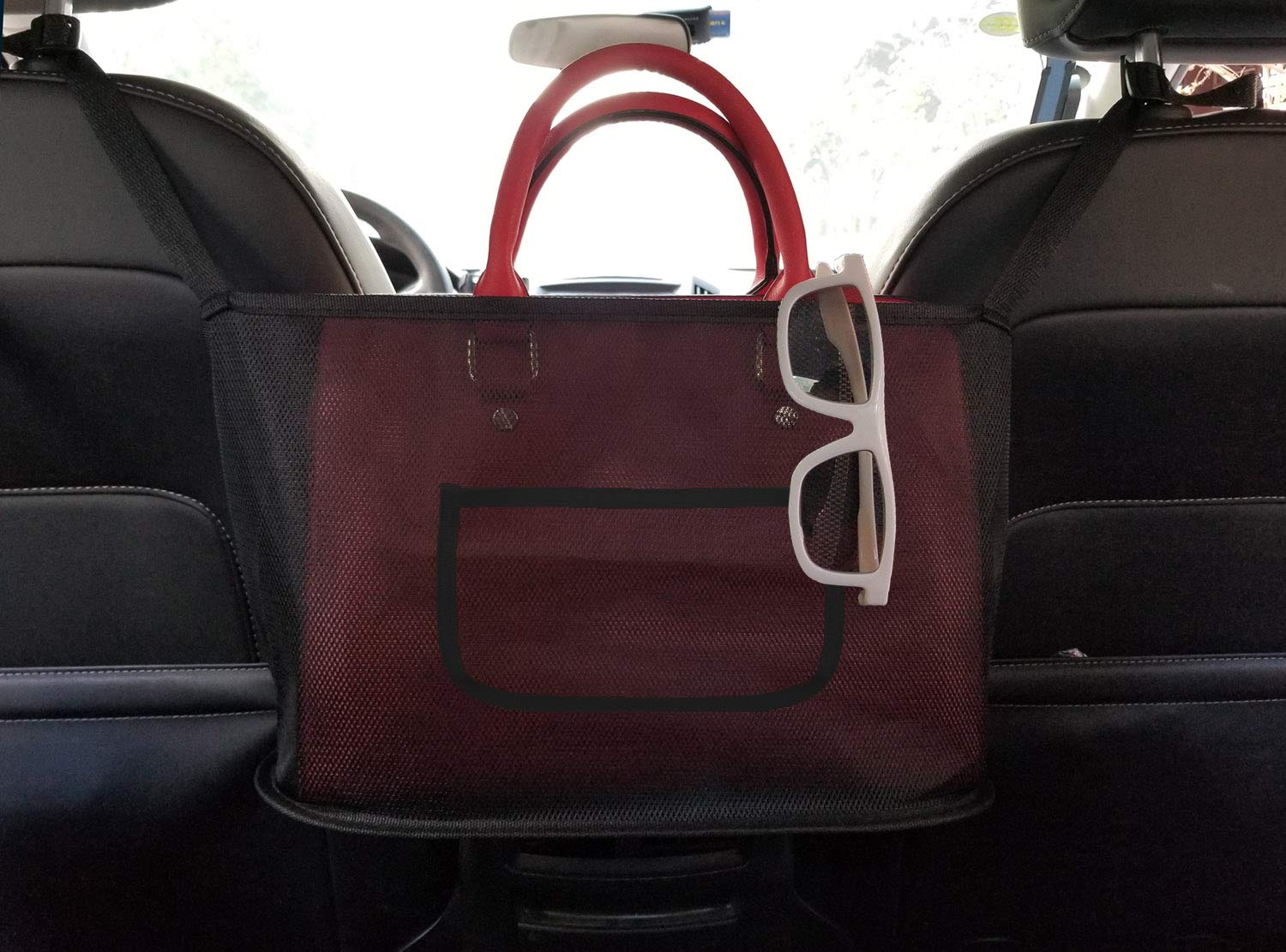 Car Net Pocket Handbag Holder, Driver Storage Netting Pouch, Car Net Pocket for Purses and Bags Front Seat, Handbag Holder for Car(Upgrade-Black)