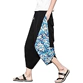 DOSLAVIDA Men's Linen Harem Capri Pants Lightweight Elastic Waist Wide Leg Cropped Trousers Casual Loose Beach Capris