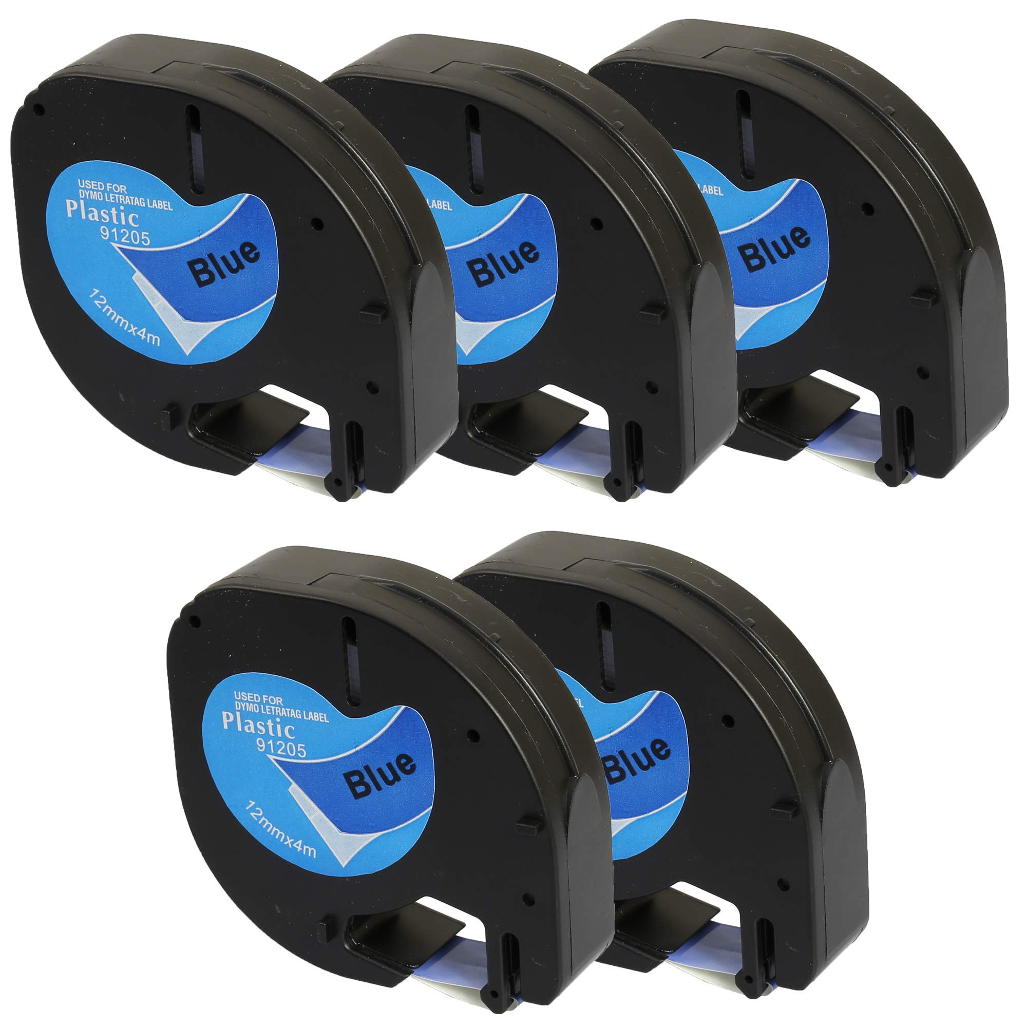 Prestige Cartridge 5 x Compatible Plastic Tapes 91205 S0721700 S0721650 Black on Blue (12mm x 4m) Replacement for LetraTag LT110T, LT100H, LT100T, QX50, XR Label Makers