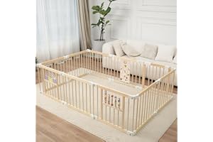 Ulnxiy Foldable Wooden Baby Playpen Activity Center,Adjustable Size & Shape Portable Play Yard, Baby Fence Play Area with Gate for Indoor Use for Babies and Toddlers(84x56x24inches)