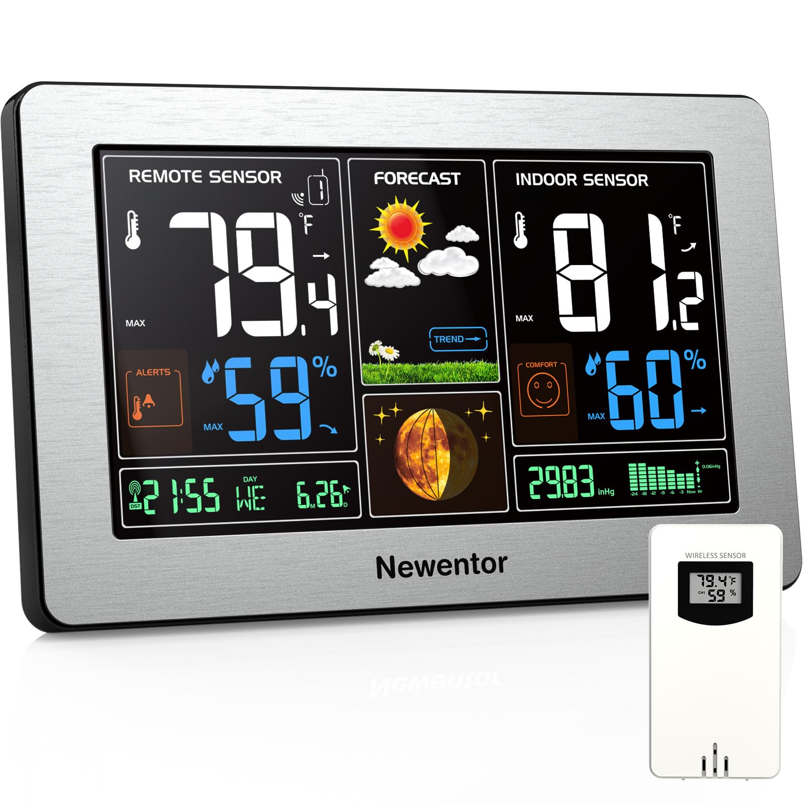 Photo 1 of Newentor Weather Station Wireless Indoor Outdoor Thermometer, Color Display Digital Weather Thermometer with Atomic Clock, Barometric Pressure, Forecast Station with Adjustable Backlight, Sliver