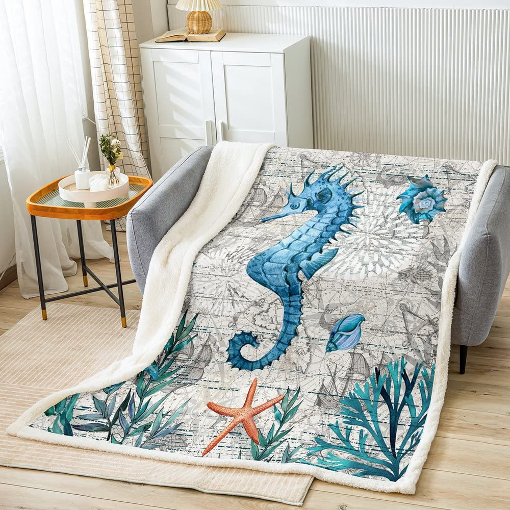 Homemissing Seahorse Blanket Ocean Creature Throw Blanket Sea Underwater World Plush Blanket for Bed Sofa Marine life Sealife Warm Single 50x60 Inch