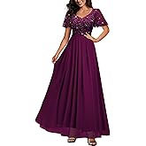Miusol Women's Retro V-Neck Ruffle Sleeve Sequined Floral Lace Bridesmaid Party Maxi Dress