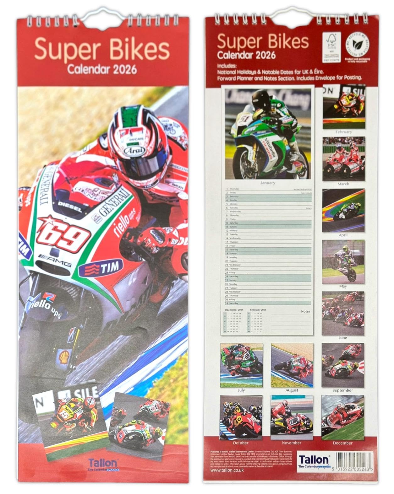 2026 Super Slim Month to View Spiral Bound Hanging Wall Calendar Home Office (SUPER BIKES)
