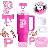 6PCS Pink Stanley Cup Accessories Set, Initials Decorations for Stanley Cup 30oz 40oz, Includes Bow Straw Topper, Handle Charm, Letter Sticker, Silicone Boot, Spill Proof Stopper (Letter P)