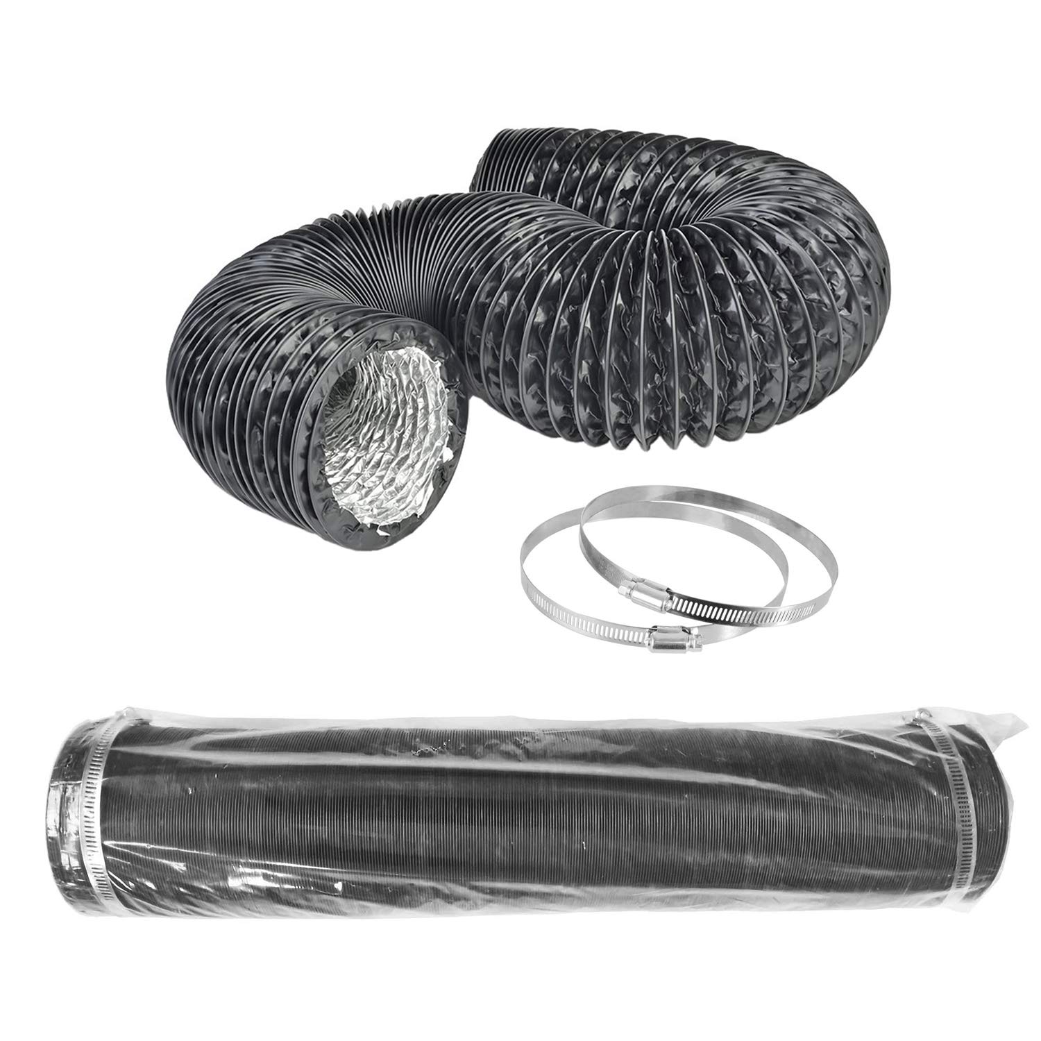 LOOTICH Strong 4" Air Duct 25 FT Long Black PVC Flexible Aluminum Ducting with 2 Stainless Steel Clamps 4 Layer HVAC Ventilation Hose for Grow Tents Dryer Rooms House Vent Register Lines