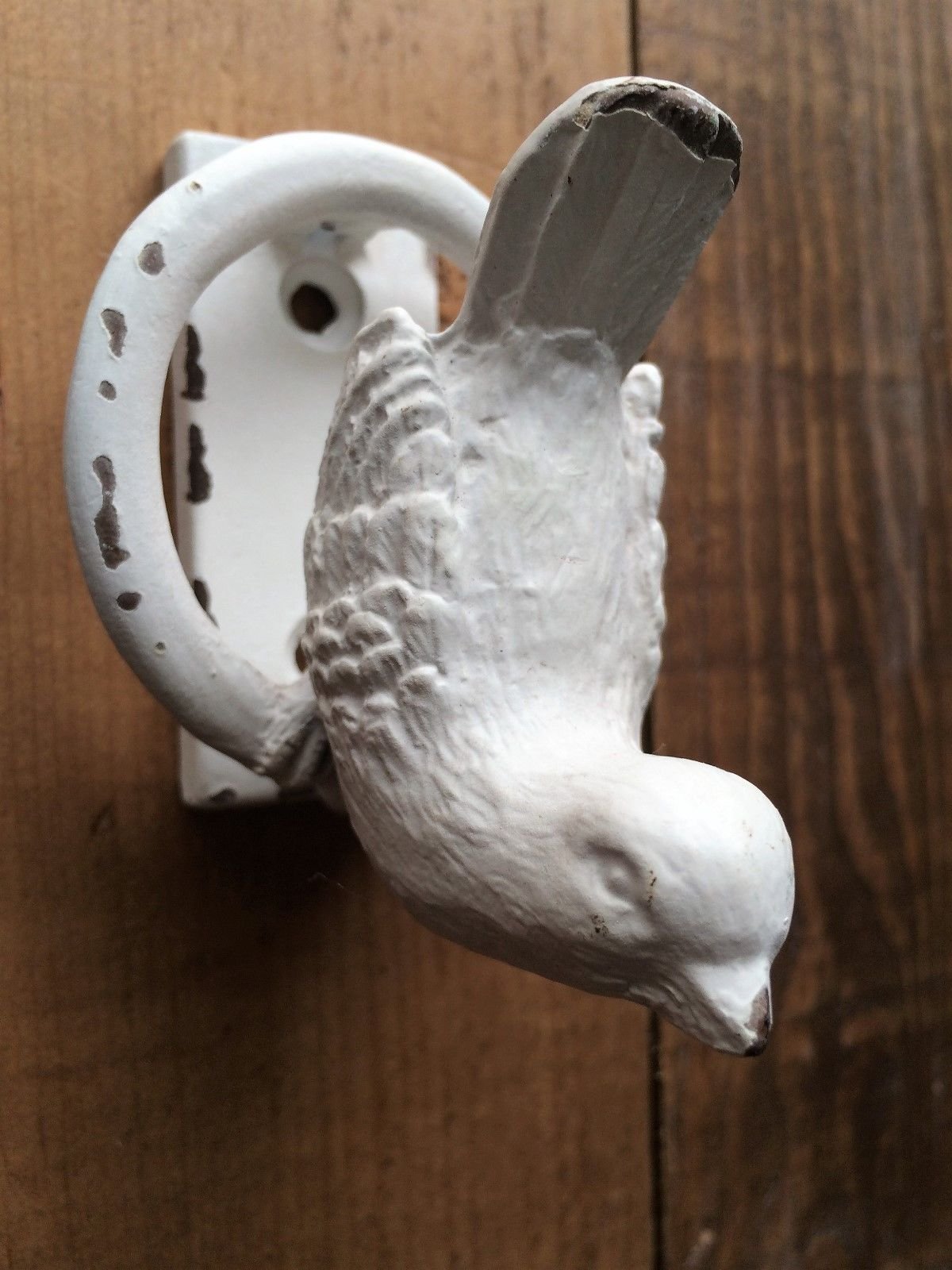 Small Bird Front Door Knocker Ivory White Distressed Cast Iron Vintage Country Shabby Style Decorative Home Accessory