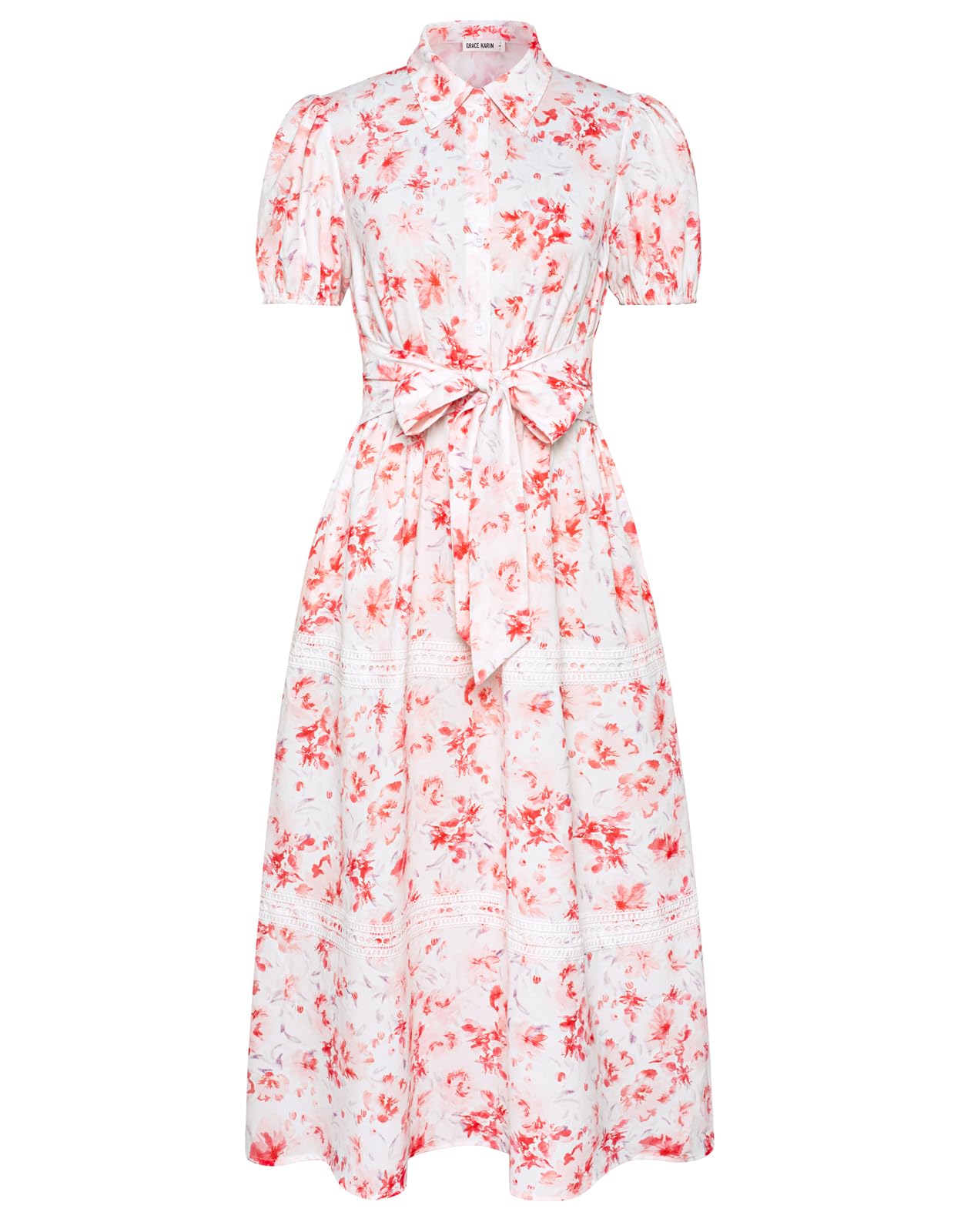 Photo 1 of GRACE KARIN Women's 2025 Summer Floral Flowy Dresses Boho Tie Belt Short Puff Sleeve A Line Maxi Shirt Dress with Pocket White Pink X-Large