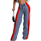 LONGBIDA Women's High Waisted Jeans Two Tone Stretchy Baggy Trendy Wide Leg Denim Pants