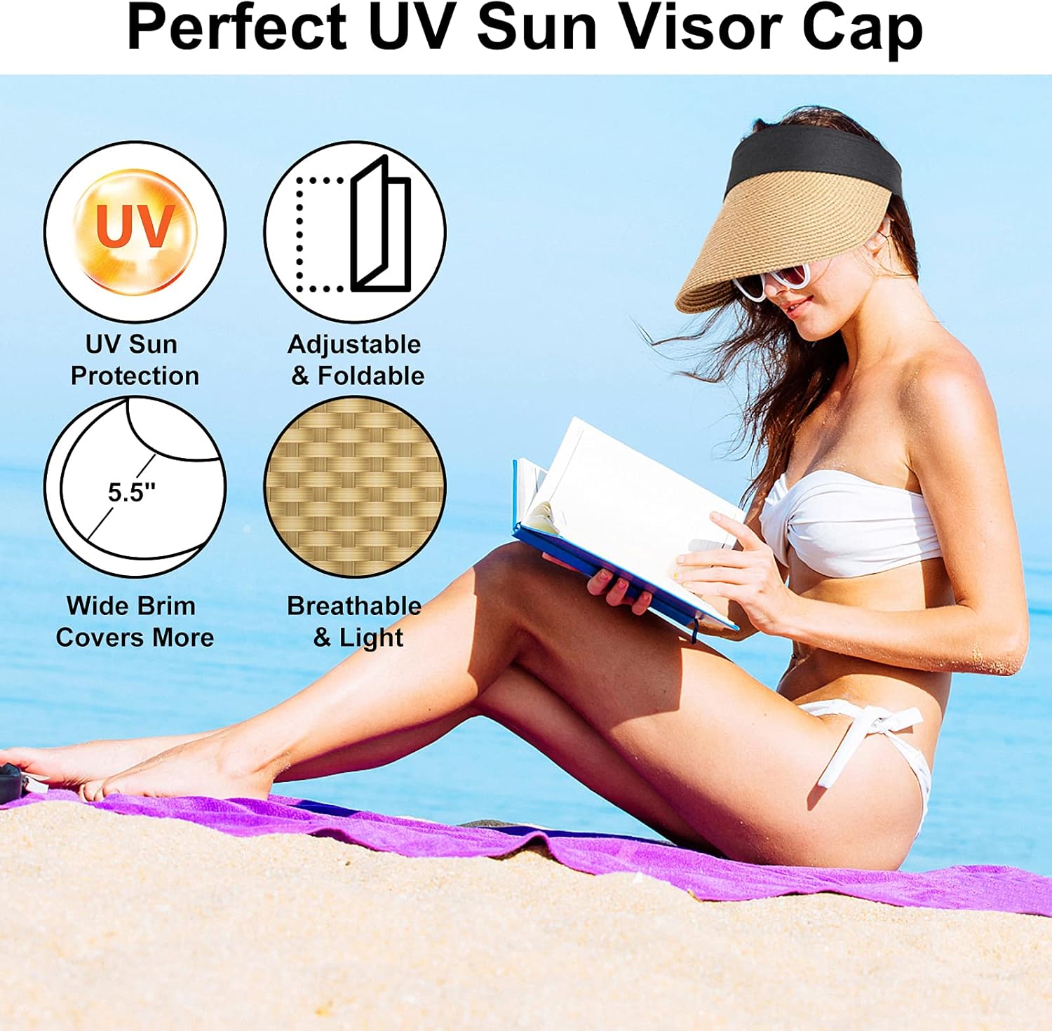 Women Visor Hats Wide Brim Straw Sun Caps Foldable Summer UV Protection Beach Hat Adjustable Roll-Up Golf Sports Cap Khaki: Clothing