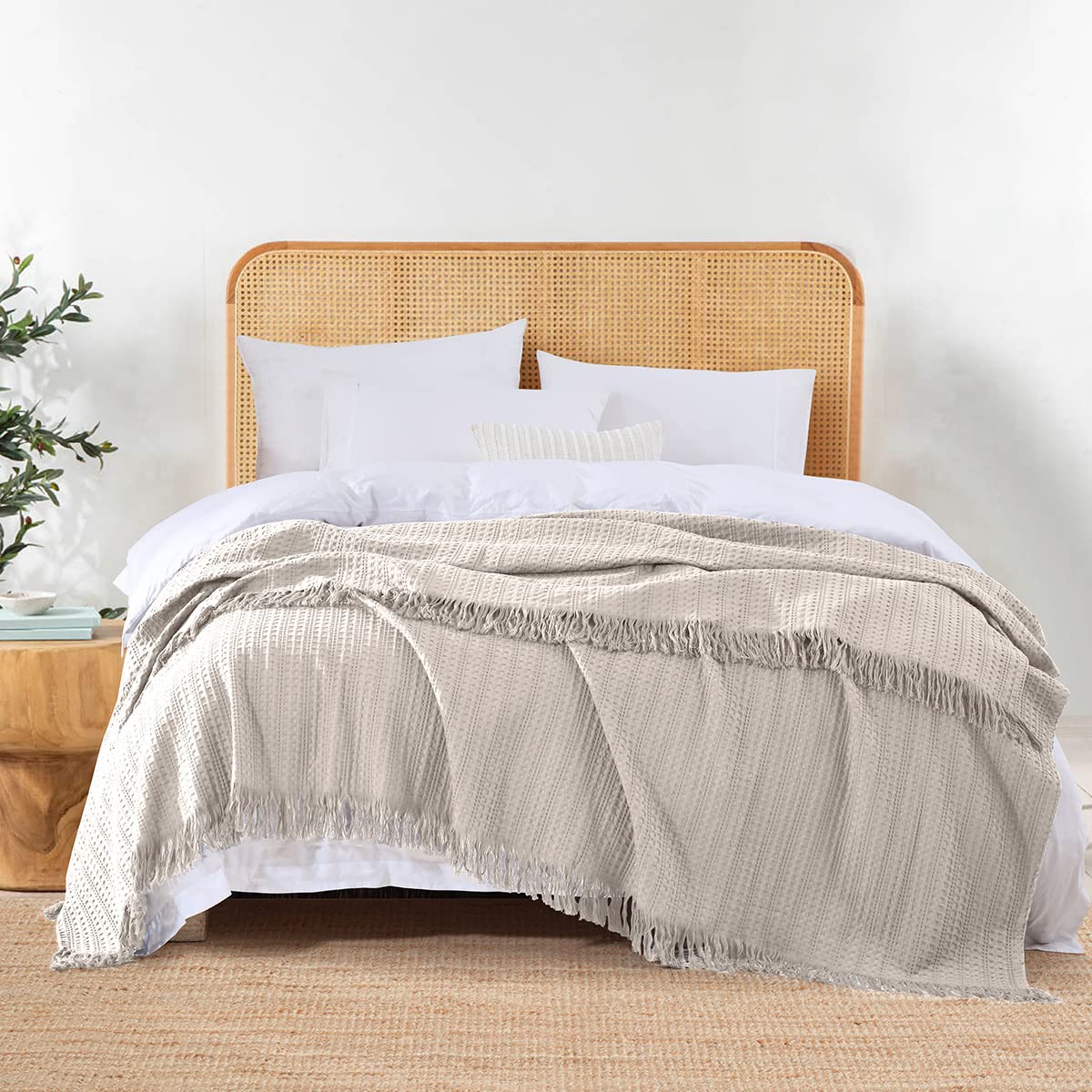 Photo 1 of 100% Cotton Waffle King Blanket with Fringe 104"x90", Pre-Washed Waffle Weave Blanket for All Season, Lightweight Breathable Soft Cozy Throw Blanket for Couch, Bed, Travel (Beige)