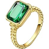 Emerald Rings for Women, 14K Gold Plated Statement Rings, Vintage Chunky Gemstone Emerald CZ Non Tarnish Gold Rings, Trendy Green Stone Ring for Women, Christmas gifts for wife, mother, and friends