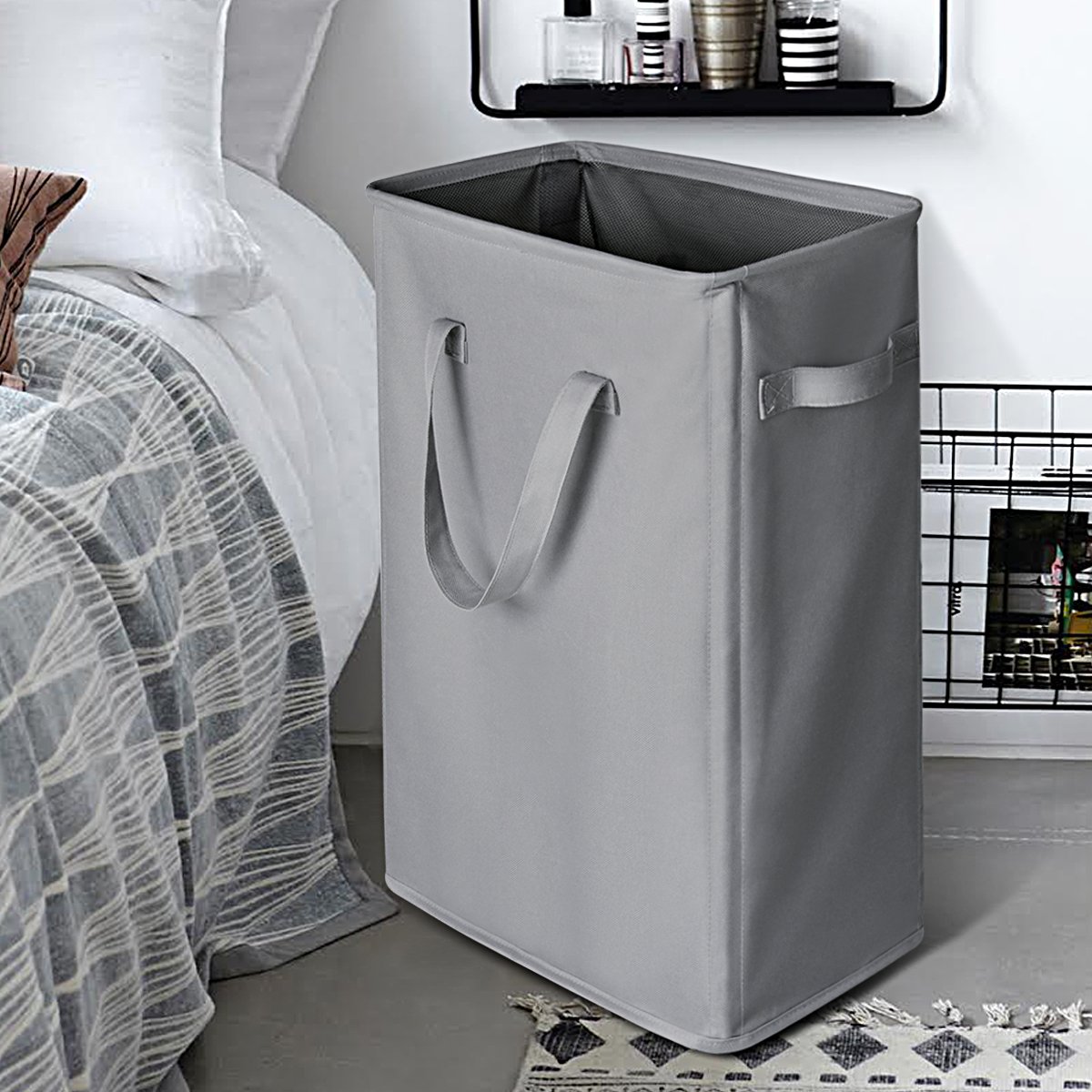 Chrislley Slim Laundry Basket Hamper Handy Foldable Bag Handle Collapsible Oxford Cloth Basket Bin Organizer 44.5L（Grey）