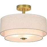 XiNBEi Lighting 3 Light Semi Flush Mount Light, Close to Ceiling Light Fixture with Fabric Shade Retro Gold Brass 16 inch Sem
