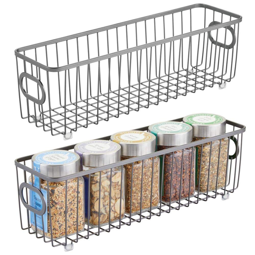 mDesign Metal Farmhouse Kitchen Pantry Food Storage Organizer Basket Bin - Wire Grid Design for Cabinets, Cupboards, Shelves, Countertops - Holds Potatoes, Onions, Fruit - Long, 2 Pack - Graphite Gray