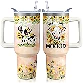40oz Cow Stainless Steel Tumbler with Handle and Straw, Sunflower Insulated Cup Travel Coffee Mug Water Bottle with Lid and Straw, Animal Lovers Women Gifts