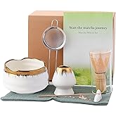 Matcha Whisk Set: Includes Bamboo Whisk, Matcha Bowl, Cute Stand, Bamboo Scoop, Scoop Rest, Sifter and Tea Towel — 7-Piece Matcha Kit with Golden Texture Details, a Favorite for Matcha Lovers (White)