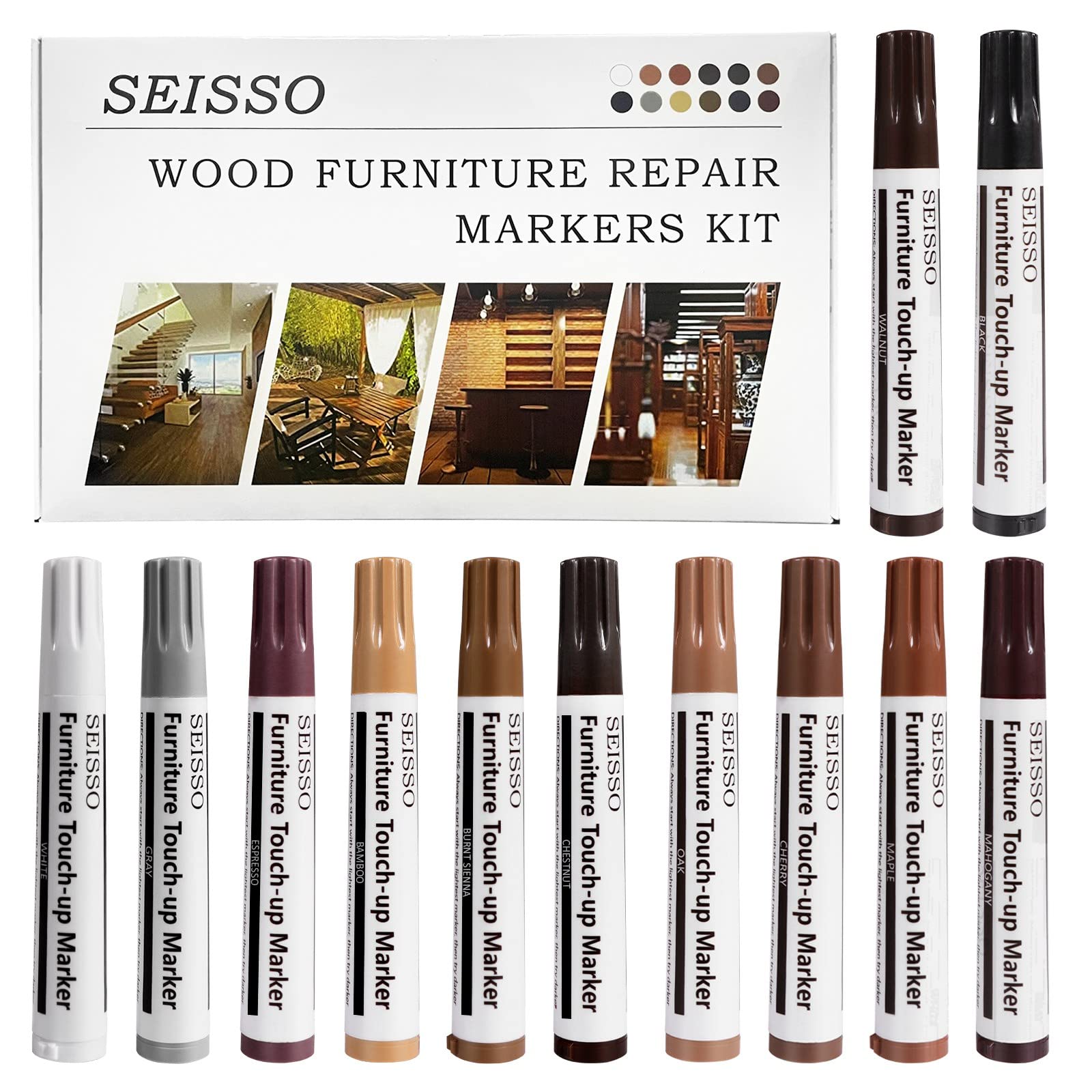 Photo 1 of SEISSO Furniture Touch Up Markers, Wood Repair Kit for Furniture, 12 Colors Wood Touch Up Markers for Scratches, New Upgrade Furniture Repair Kit - Restore Wooden Table, Cabinet, Floors, Door