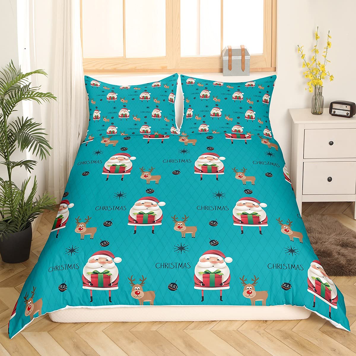 Santa Claus Duvet Cover Christmas Deer Bedding Set for Kids Boys Girls Winter Snowflake Comforter Cover Merry Christmas Khaki Teal Blue Bedding & Linen 2Pcs Single Size