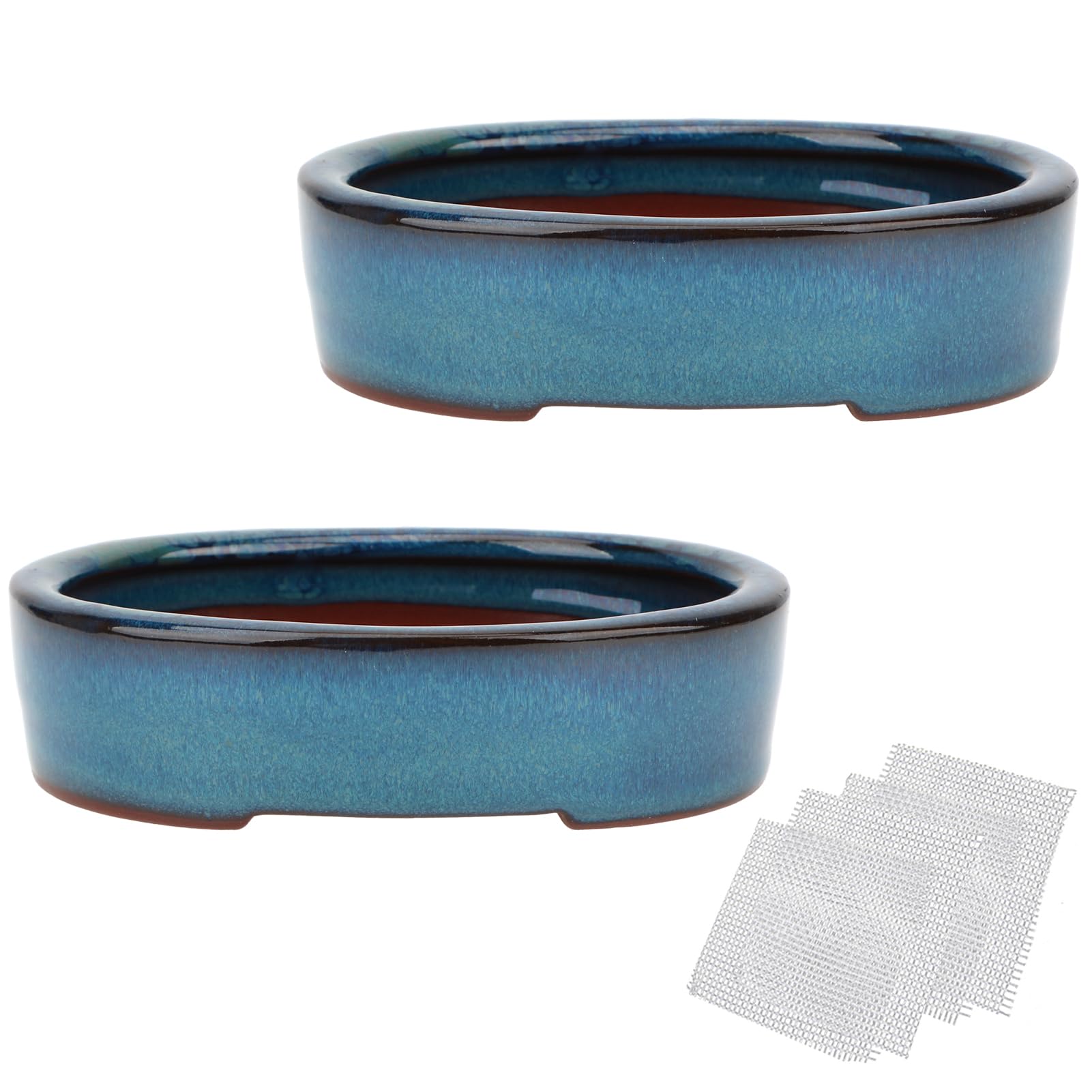 happy bonsai 5.9" Small Glazed Pots Value Set 2 + 4 Soft Mesh Drainage Screens