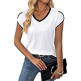 Hilinker Womens V Neck Petal Short Sleeve T Shirts Summer Casual Color Block Tops