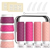 16 Pack Travel Bottles for Toiletries, TSA Approved Travel Size Toiletries Containers Set BPA-Free Silicone Leak Proof Refillable Bottles Stackable Creams Jars Accessories Kit W/Clear Bag Purplish Red