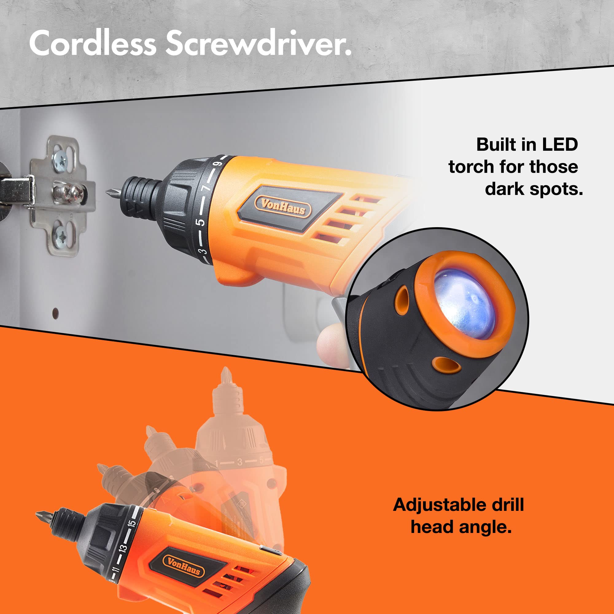 VonHaus Cordless Hand Drill and Household Tool Kit - 94pc Tool Kit for Beginners - Includes 3.6V/Cordless Lithium-ion Screwdriver - Power & Hand Tools with Drill Sets in Case