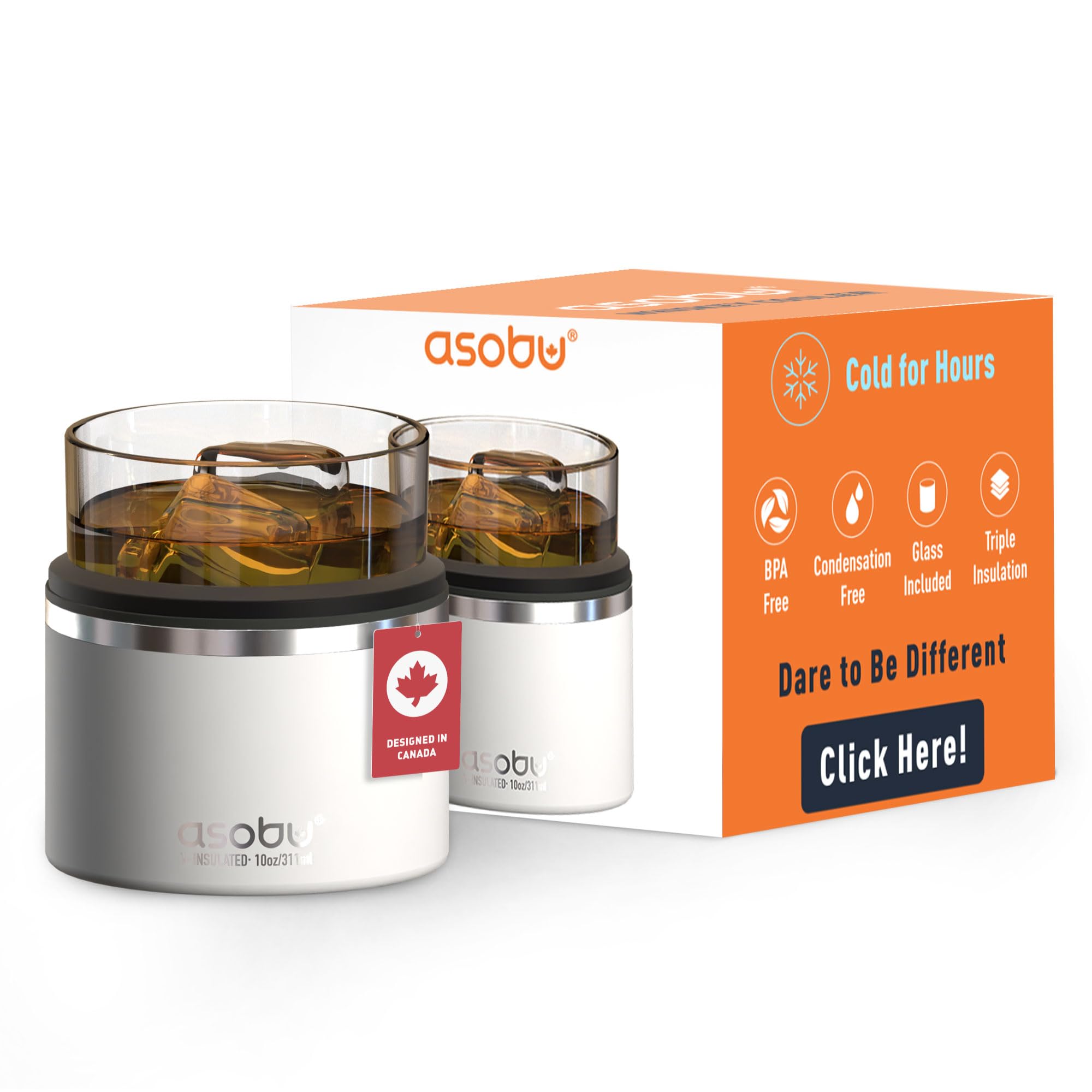 asobu Insulated Whiskey Glass and Stainless Steel Sleeve (White)