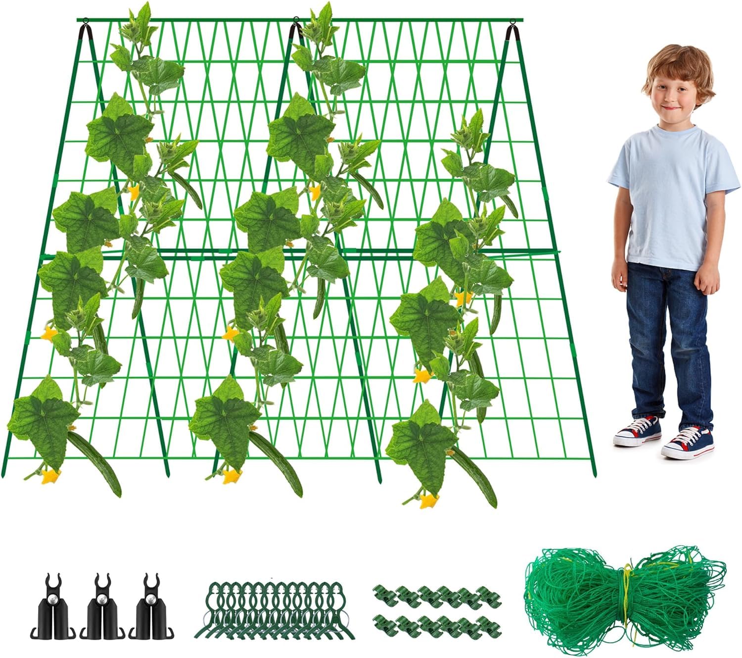 48x48 Inch Garden Cucumber Trellis - A-Frame Climbing Plant Grow Support Stand Trellis with Climbing Net and Plant Support Clip for Outdoor Plants Zucchini Vegetables Tomato Flowers