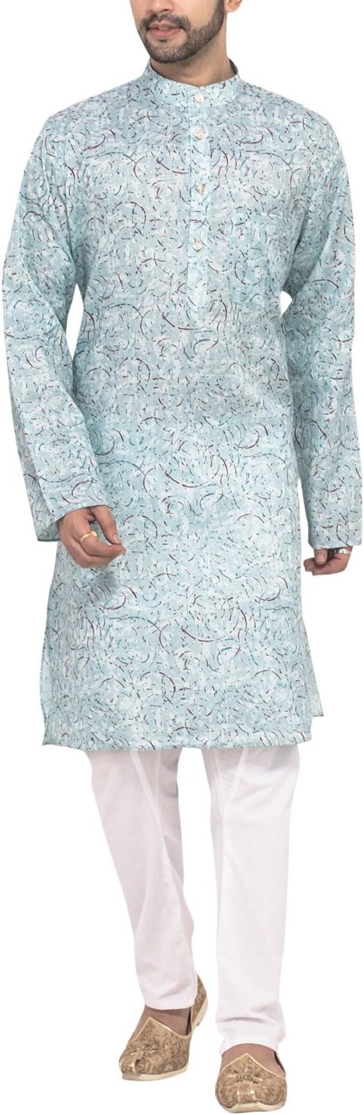 RC Ethnic Sky Blue Full Sleeves Printed Kurta & Pyjama Set For Men