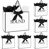 5 Senses Gift Bags for Him Her With Labels,Handles,Ribbon and Tissue Paper, 12.6 X 8.7 X4 Inch Five Senses Paper Bags, Suitable for Birthday Party,Wedding,Anniversary,Christmas,Valentine's Day (White Black)