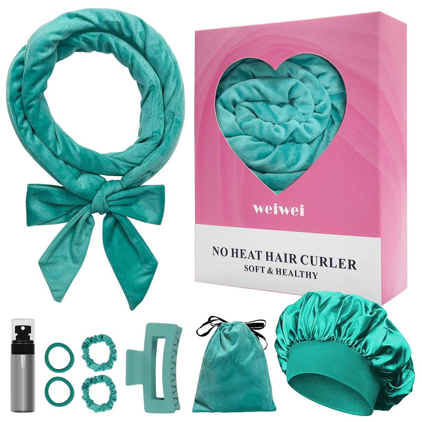 weiwei Heatless Curlers Headband, Heatless Overnight Curls Hair Curlers No Heat, 70" Soft No Heat Hair Curlers, 9 PCS Curling Rods Gift Set for Women Long Wave Hair Volume -Green