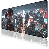Anime Girl Mouse Pad, Neon City Skyline Futuristic Hologram Extended Mousepad Waterproof Stitched Edges Rubber Base Non-Slip Deskpad Computer Keyboard Mat 31.5 x 11.8 inch