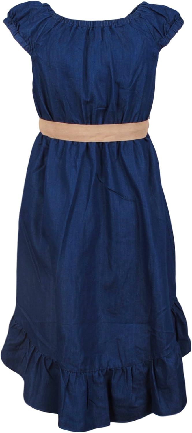 dollhouse Girls’ Dress –Belted Cap Sleeve Boho Denim Peasant Dress: Clothing