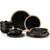 LOVECASA 12 Pieces Plates and Bowls Sets, Porcelain Black and Gold Dinnerware Sets, Round Dinner Plates Dishes Set Service for 4, Dishwasher Safe and Scratch Resistant, Black